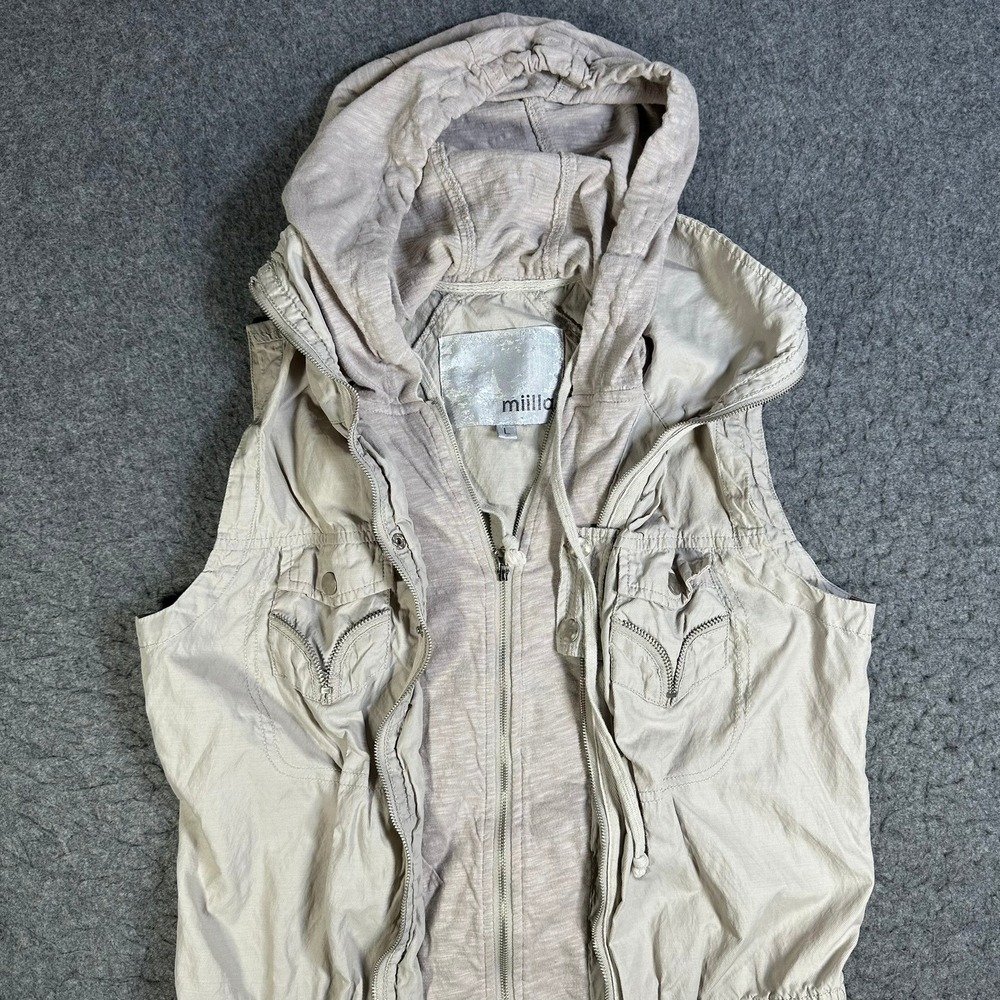 Miilla Womens Utility Vest Tan Khaki Layered Hooded Drawstring Cargo Jacket L